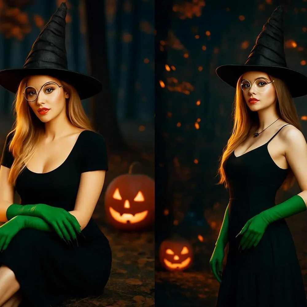 Women Witch Costume Accessory Set Hat Gloves Glasses for Halloween Cosplay
